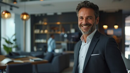Fototapeta premium A confident businessman in a suit, standing in a modern office with a big smile. The background shows a professional and busy environment, emphasizing his success and confidence.