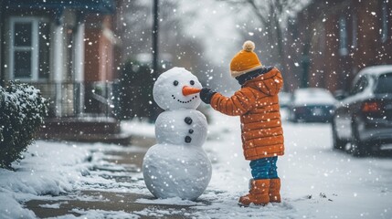 A child putting the final touches on a snowman, while snow falls gently in a quiet neighborhood.