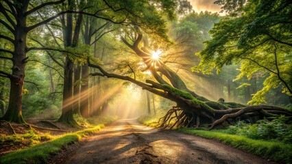 Obraz premium A fallen tree obstructs the forest road after a fierce storm, showcasing nature's raw power and the delicate balance between beauty and chaos.