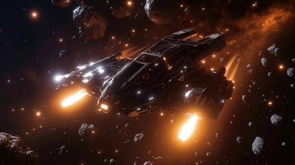 A spaceship soaring through a field of asteroids.