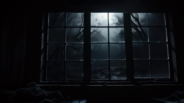 Mysterious night view from an old window with moonlight illuminating eerie trees outside