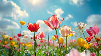 Fototapeta premium Vibrant tulips in full bloom bursting with color in a lush spring meadow under a bright,sunny sky. The scene is peaceful and serene,showcasing the beauty of nature during the springtime season.