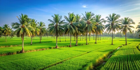 Obraz premium Green agricultural land with palm trees reflected in water