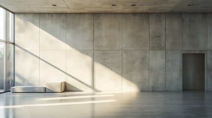 A minimal room with a concrete wall and a window with a view of the outdoors. There are two white benches in the foreground and a door on the right. 