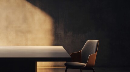 A single chair sits in front of a table in a minimalist room with warm light.