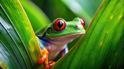 Green and Red Eyed Frog Peeking Through Leaves Reflected