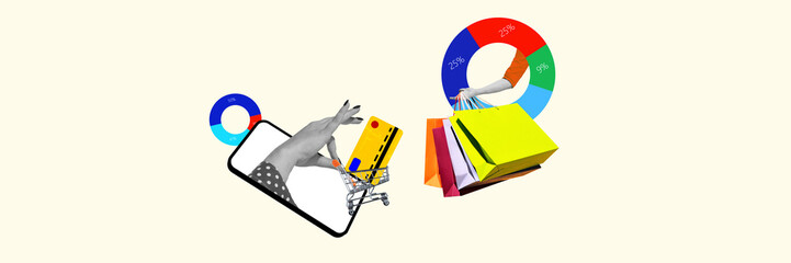 Banner. Contemporary art collage. Close-up of hands holding shopping bags and pie chart against pastel background. Concept of technological progress, e-commerce, shopping, remote. Ad