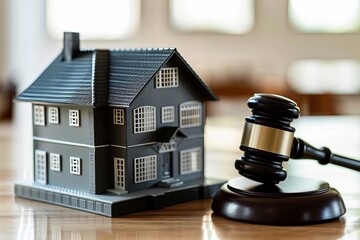 Legal Proceedings Involving Real Estate: House Model Beside Gavel on Courtroom Table