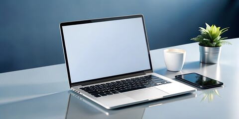 Fototapeta premium A realistic laptop mockup on a clean, minimalist desk with customizable reflections and lighting, perfect for showcasing website designs or software interfaces.