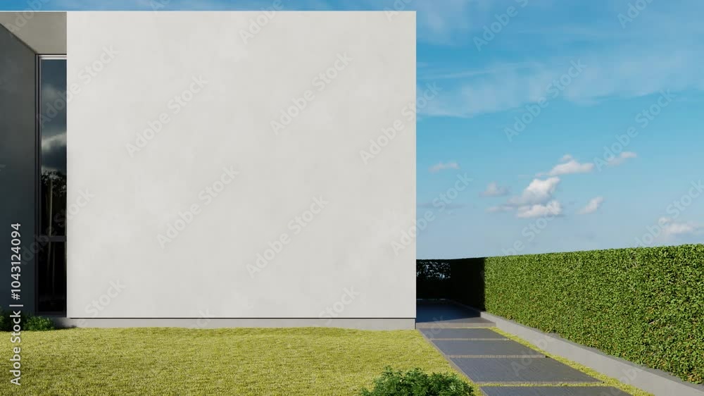 Poster 3d rendering of modern building entrance with large white wall. Minimal architecture
