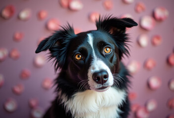 Fototapeta premium A close-up portrait of a black and white dog with bright eyes and a friendly expression.