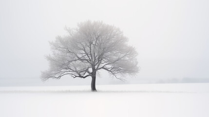 Fototapeta premium Frost-Covered Tree in Foggy Winter Landscape, Symbolizing Quiet Solitude and Natural Simplicity | AI Created