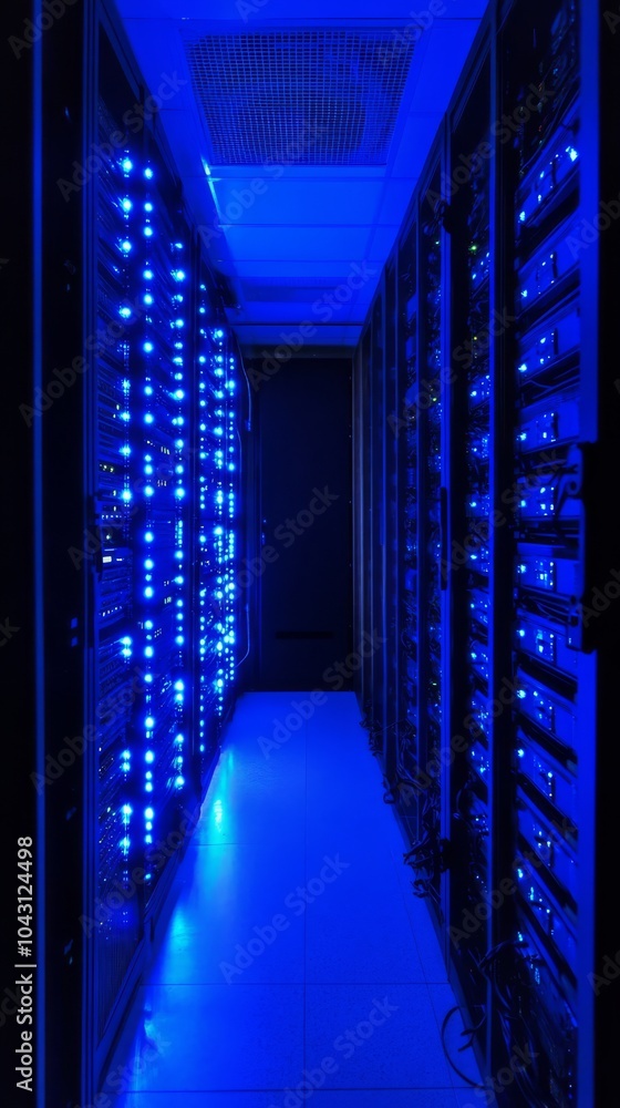 Poster a secure server room with blue led lights and racks of high-tech data servers --ar 9:16 --style raw 
