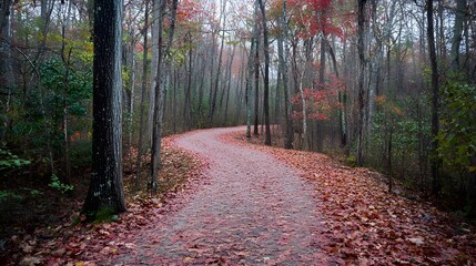 Fototapeta premium A winding path through an autumn forest, covered in fallen leaves of red and orange, leading to the horizon