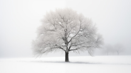 Fototapeta premium Solitary Winter Tree in Foggy Snow-Covered Landscape, Embracing Calm and Minimalism | AI Created