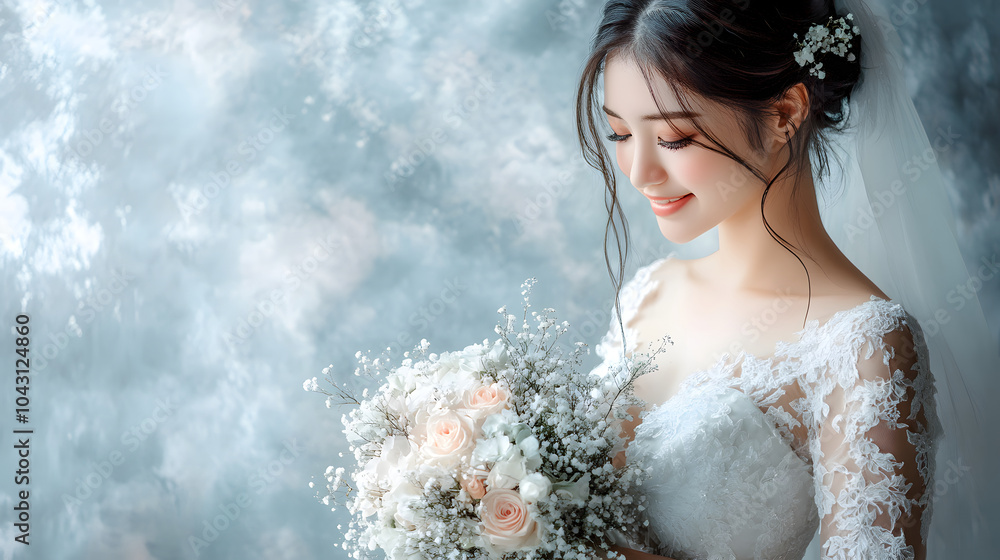 Wall mural a happy young bride in a wedding dress and a bouquet in her hand smiles against a background of flow