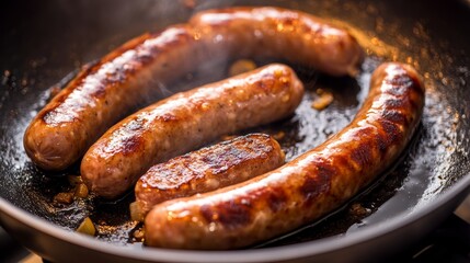 Sizzling Chipolata Sausages in Frying Pan  Close Up