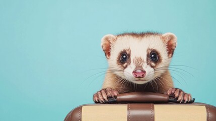 A cute ferret peeking over a suitcase against a light blue background.
