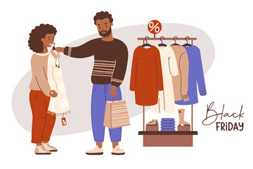 Black Friday. Shopping. Cute black ethnic couple buyers man and girl try on fashionable dress. Seasonal sale in store. Vector illustration. Holiday shopper character, purchase