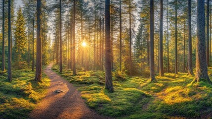 A serene forest scene at sunrise with a path diverging through tall trees and lush greenery.