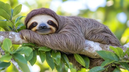 Fototapeta premium A sloth resting on a tree branch, showcasing its relaxed demeanor in a natural setting.