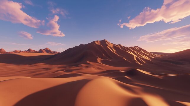 Smooth, rolling sand dunes bathed in the golden light of dusk, with long shadows creating texture in the vast
