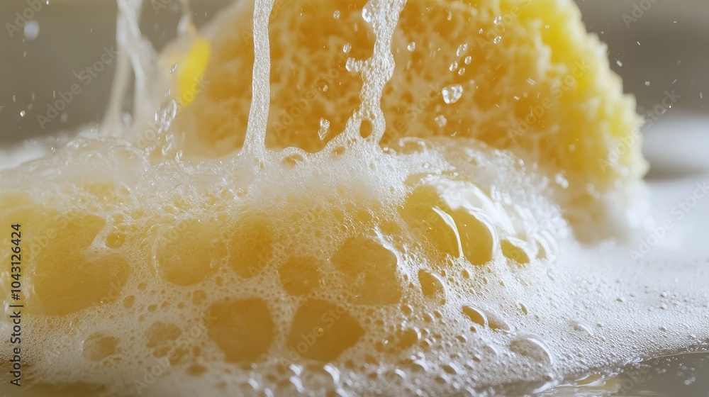 Poster close-up of soap bubbles and sponge in motion