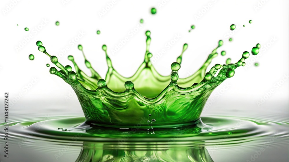 Poster green drops and dynamic splashes isolated against a pristine white background reflected