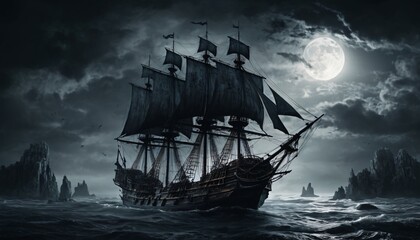 Obraz premium ghost ship in the night sea