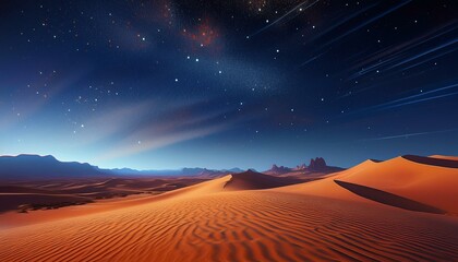 A breathtaking view of a serene desert landscape under a stunning starry night sky, with soft sand dunes illuminated by the glow of the stars.