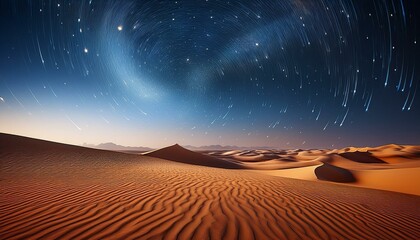 A breathtaking view of a serene desert landscape under a stunning starry night sky, with soft sand dunes illuminated by the glow of the stars.