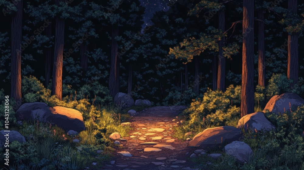 Poster a serene forest path illuminated by soft light, inviting exploration and tranquility.