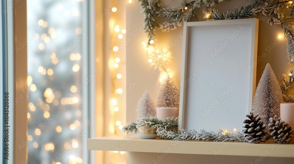 Wall mural a close-up photo of an empty white vertical acrylic picture frame on a modern kitchen shelf, decorat