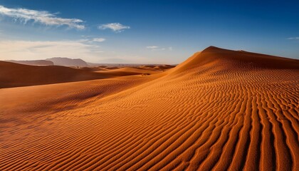 A stunning desert scene with endless red sand dunes under a bright blue sky, capturing the vastness and beauty of the arid landscape.