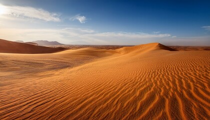 A stunning desert scene with endless red sand dunes under a bright blue sky, capturing the vastness and beauty of the arid landscape.