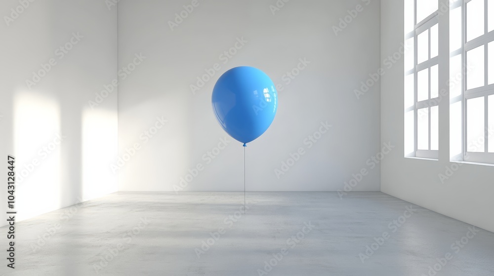 Poster a single floating blue balloon in an empty white room, capturing a sense of isolation and simplicity