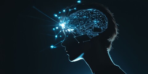 Obraz premium Minimalist stock image of human profile with digital circuitry in brain, technology meets humanity