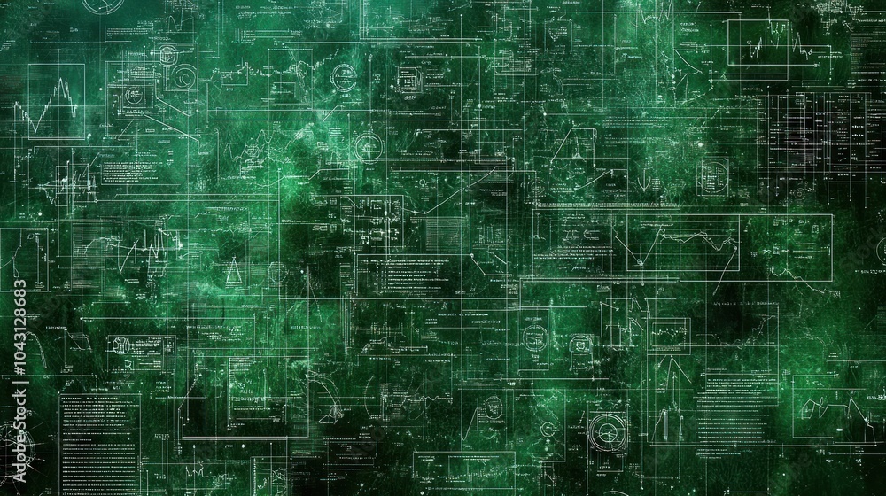 Poster abstract green digital background with scientific diagrams and data visualizations.
