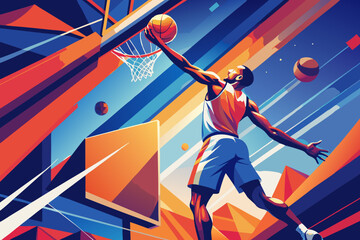 Dynamic Basketball Player Performing Slam Dunk in Action-Packed Illustration