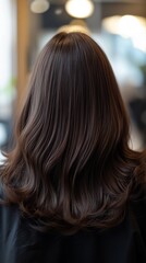 Naklejka premium Dark brown hair with long, wavy layers, photographed from behind in a salon setting. 