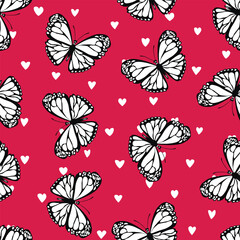Seamless pattern with funny colorful Butterflies, flowers. Color flat vector illustration for invitation, poster, card, textile, fabric. Butterfly graphic design print. Trendy animal motif wallpaper
