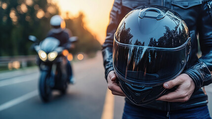 A man is holding a black motorcycle helmet on a road. The man is wearing a leather jacket. The scene is set in the evening