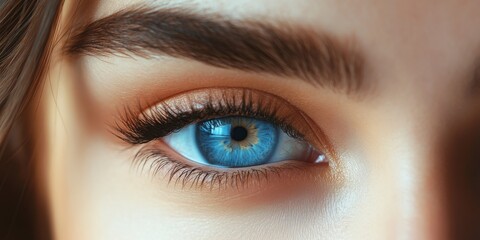 Obraz premium A close-up view of a striking blue eye with natural lashes and soft brow detailing, showcasing intricate patterns and colors in the iris against a warm background