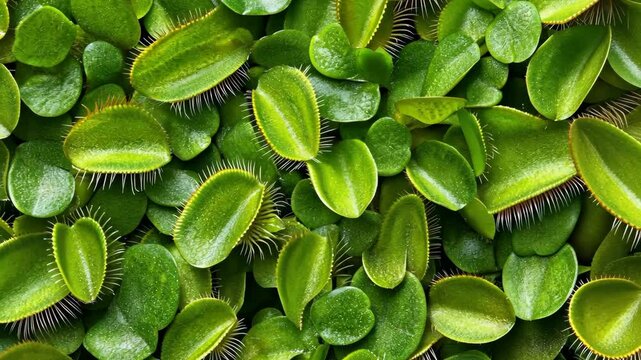 A close-up view of Venus flytrap leaves with sharp teeth, showing the intricate details of the carnivorous plant
