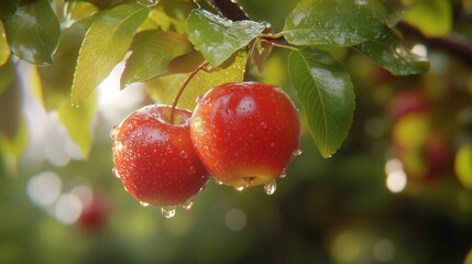 Two fresh, ripe red apples hanging on the branch, green leaves and water droplets on them
