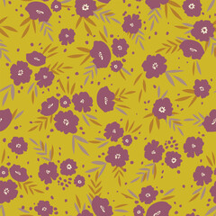 Seamless floral pattern based on traditional folk art ornaments. Colorful flowers on color background. Scandinavian style. Sweden nordic style. Vector illustration. Simple minimalistic pattern