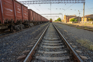 Old red train car, freight train