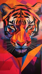 A colorful, abstract tiger face with exaggerated features in a Pop art aesthetic