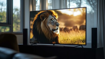 A digital TV screen presenting a wildlife documentary, showcasing a close encounter with a majestic...