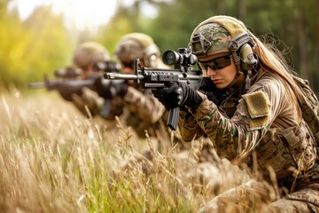 Fototapeta premium Military Personnel in Tactical Gear Engaging in Training Exercise in Natural Environment